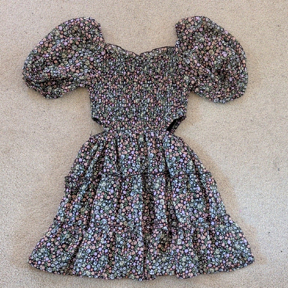 Girls Black Floral Puff-Sleeve Smocked Dress